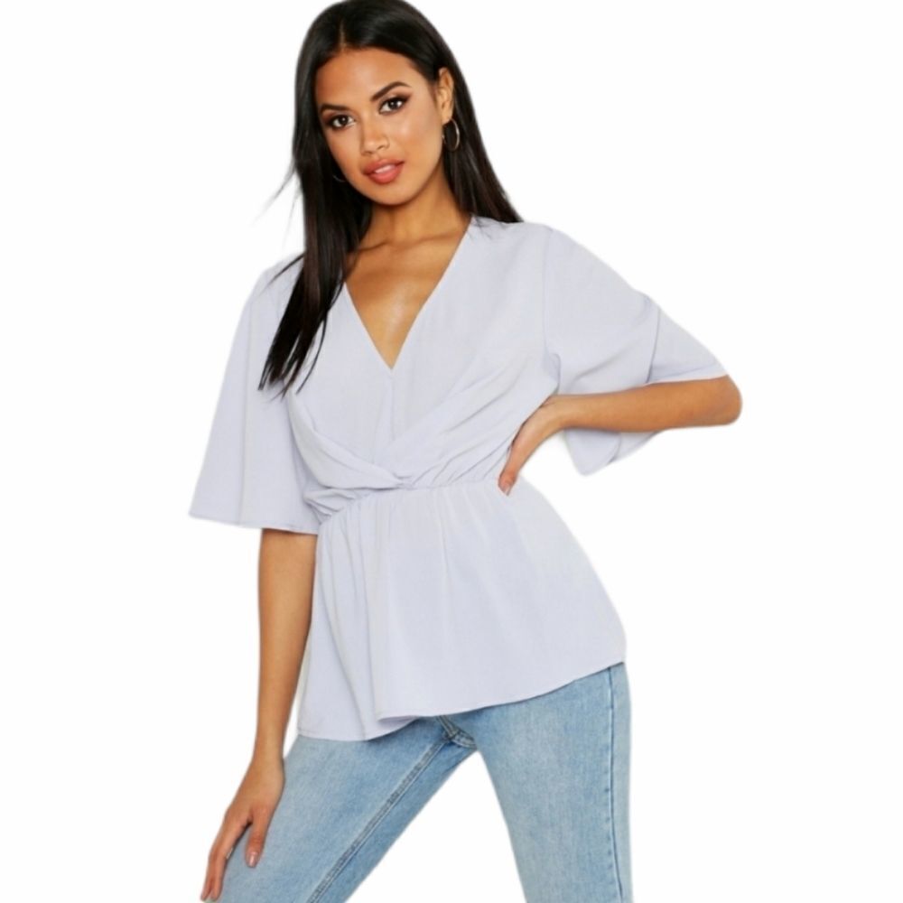 BOOHOO blouse light blue angel sleeve v-neck peplum blouse 4